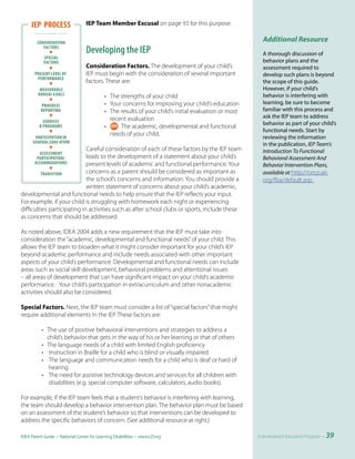 IEP PROCESS                  IEP Team Member Excusal on page 93 for this purpose.

        CONSIDERATION
                                                                                                         Additional Resource
           FACTORS
                                  Developing the IEP                                                     A thorough discussion of
            SPECIAL
            FACTORS                                                                                      behavior plans and the
                                  Consideration Factors. The development of your child’s                 assessment required to
       PRESENT LEVEL OF           IEP must begin with the consideration of several important             develop such plans is beyond
        PERFORMANCE
                                  factors. These are:                                                    the scope of this guide.
          MEASURABLE                                                                                     However, if your child’s
         ANNUAL G OALS                      • The strengths of your child                                behavior is interfering with
          PROGRESS                          • Your concerns for improving your child’s education         learning, be sure to become
          REPORTING                         • The results of your child’s initial evaluation or most     familiar with this process and
                                              recent evaluation                                          ask the IEP team to address
           SERVICES                                                                                      behavior as part of your child’s
         & PROGRAMS                         •     The academic, developmental and functional
                                                                                                         functional needs. Start by
                                              needs of your child.
       PARTICIPATION IN                                                                                  reviewing the information
      GENERAL EDUC ATION
                                                                                                         in the publication, IEP Team’s
                             Careful consideration of each of these factors by the IEP team              Introduction To Functional
         ASSESSMENT
        PARTICIPATION/       leads to the development of a statement about your child’s                  Behavioral Assessment And
       ACCOMMODATIONS        present levels of academic and functional performance. Your                 Behavior Intervention Plans,
         TRANSITION          concerns as a parent should be considered as important as                   available at http://cecp.air.
                             the school’s concerns and information. You should provide a                 org/fba/default.asp.
                             written statement of concerns about your child’s academic,
developmental and functional needs to help ensure that the IEP reflects your input.
For example, if your child is struggling with homework each night or experiencing
difficulties participating in activities such as after school clubs or sports, include these
as concerns that should be addressed.

As noted above, IDEA 2004 adds a new requirement that the IEP must take into
consideration the “academic, developmental and functional needs” of your child. This
allows the IEP team to broaden what it might consider important for your child’s IEP
beyond academic performance and include needs associated with other important
aspects of your child’s performance. Developmental and functional needs can include
areas such as social skill development, behavioral problems and attentional issues
– all areas of development that can have significant impact on your child’s academic
performance. Your child’s participation in extracurriculum and other nonacademic
activities should also be considered.

Special Factors. Next, the IEP team must consider a list of “special factors” that might
require additional elements in the IEP. These factors are:

           • The use of positive behavioral interventions and strategies to address a
             child’s behavior that gets in the way of his or her learning or that of others
           • The language needs of a child with limited English proficiency
           • Instruction in Braille for a child who is blind or visually impaired
           • The language and communication needs for a child who is deaf or hard of
             hearing
           • The need for assistive technology devices and services for all children with
             disabilities (e.g. special computer software, calculators, audio books).

For example, if the IEP team feels that a student’s behavior is interfering with learning,
the team should develop a behavior intervention plan. The behavior plan must be based
on an assessment of the student’s behavior so that interventions can be developed to
address the specific behaviors of concern. (See additional resource at right.)

IDEA Parent Guide • National Center for Learning Disabilities • www.LD.org                             Individualized Education Program •   39
 
