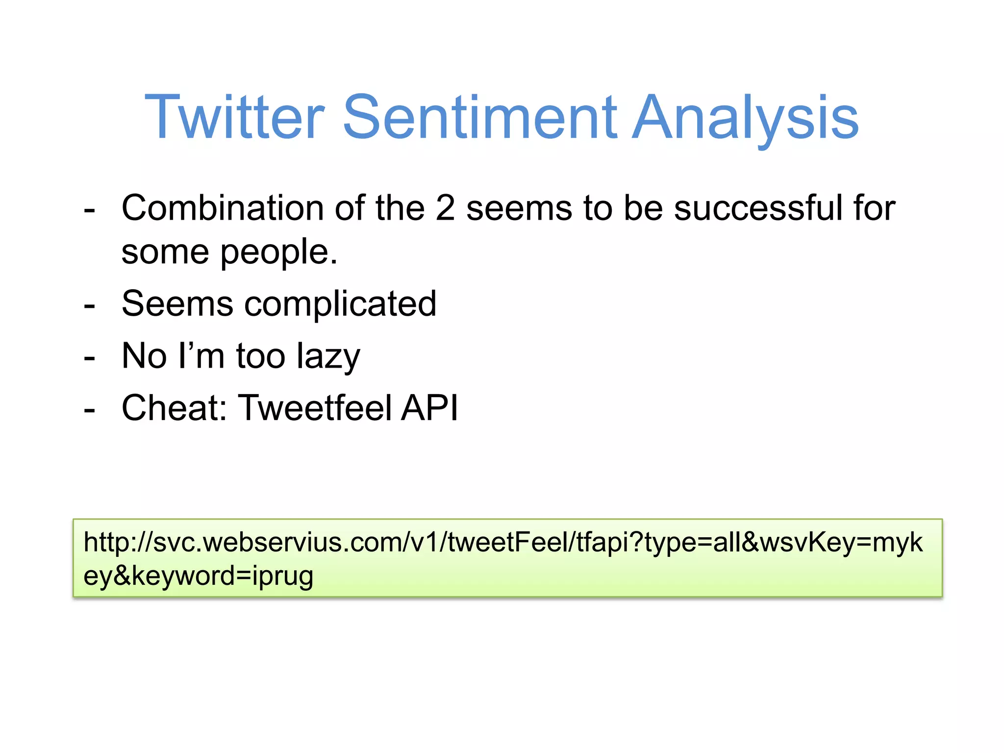Lazy Twitter SolutionSimplest: CURB the basic rest apigem install curbstatus = Timeout::timeout(timeout) dor = Curl::Easy.perform(url) do |c| c.headers["User-Agent"] = ”TB/1.1”end    response = r.body_strend