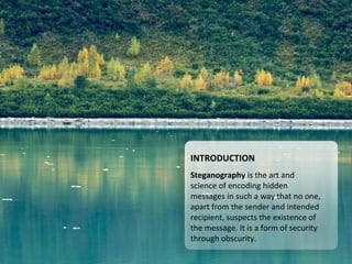 INTRODUCTION
Steganography is the art and
science of encoding hidden
messages in such a way that no one,
apart from the sender and intended
recipient, suspects the existence of
the message. It is a form of security
through obscurity.

 