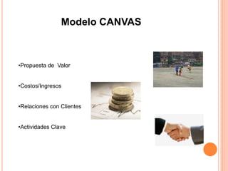 Modelo CANVAS 
•Propuesta de Valor 
•Costos/Ingresos 
•Relaciones con Clientes 
•Actividades Clave 
