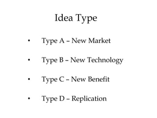 Idea Type
• Type A – New Market
• Type B – New Technology
• Type C – New Benefit
• Type D – Replication
 