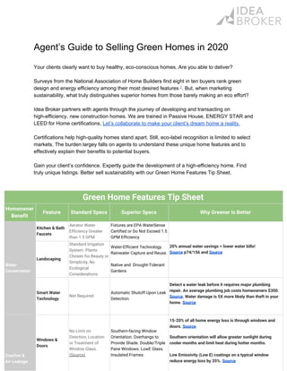 Agent’s Guide to Selling Green Homes in 2020
Your clients clearly want to buy healthy, eco-conscious homes. Are you able to deliver?
Surveys from the National Association of Home Builders find eight in ten buyers rank green
design and energy efficiency among their most desired features ​1​
. But, when marketing
sustainability, what truly distinguishes superior homes from those barely making an eco effort?
Idea Broker partners with agents through the journey of developing and transacting on
high-efficiency, new construction homes. We are trained in Passive House, ENERGY STAR and
LEED for Home certifications. ​Let’s collaborate to make your client’s dream home a reality.
Certifications help high-quality homes stand apart. Still, eco-label recognition is limited to select
markets. The burden largey falls on agents to understand these unique home features and to
effectively explain their benefits to potential buyers.
Gain your client’s confidence. Expertly guide the development of a high-efficiency home. Find
truly unique listings. Better sell sustainability with our Green Home Features Tip Sheet.
Green Home Features Tip Sheet 
Homeowner 
Benefit 
Feature Standard Specs Superior Specs Why Greener Is Better
Water 
Conservation 
Kitchen & Bath 
Faucets 
Aerator Water 
Efficiency Greater 
than 1.5 GPM 
Fixtures are EPA WaterSense 
Certified or Do Not Exceed 1.5 
GPM Efficiency
20% annual water savings = lower water bills!  
Source​ p74/156 and ​Source 
Landscaping 
Standard Irrigation 
System. Plants 
Chosen for Beauty or 
Simplicity, No 
Ecological 
Considerations. 
Water-Efficient Technology.  
Rainwater Capture and Reuse. 
 
Native and Drought-Tolerant 
Gardens  
Smart Water 
Technology 
Not Required 
Automatic Shutoff Upon Leak 
Detection. 
Detect a water leak before it requires major plumbing 
repair. An average plumbing job costs homeowners $300. 
Source ​ Water damage is 5X more likely than theft in your 
home. ​Source 
 
 
Comfort &  
Air Leakage 
Windows & 
Doors 
No Limit on 
Direction, Location 
or Treatment of 
Window Glass. 
(Source) 
Southern-facing Window 
Orientation. Overhangs to 
Provide Shade. Double/Triple 
Pane Windows. LowE Glass. 
Insulated Frames. 
15-20% of all home energy loss is through windows and 
doors. ​Source 
Southern orientation will allow greater sunlight during 
cooler months and limit heat during hotter months. 
 
Low Emissivity (Low E) coatings on a typical window 
reduce energy loss by 35%. ​Source  
 