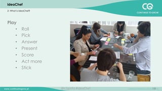 18
Play
•  Roll
•  Pick
•  Answer
•  Present
•  Score
•  Act more
•  Stick
	
  
	
  
	
  
ideaChef
2- What is ideaChef?
@c2ginfo	
  #ideaChef	
  
 