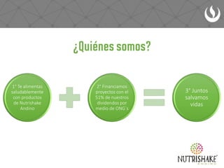 1° Te alimentas
saludablemente
con productos
de Nutrishake
Andino
2° Financiamos
proyectos con el
51% de nuestros
dividendos por
medio de ONG´s
3° Juntos
salvamos
vidas
 