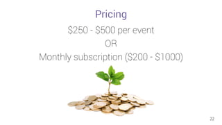 Pricing 
$250 - $500 per event 
OR 
Monthly subscription ($200 - $1000) 
22 
 