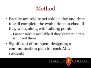 Method
• Faculty are told to set aside a day and time
to still complete the evaluations in class, if
they wish, along with talking points
– Loaner tablets available if they know students
will need them
• Significant effort spent designing a
communication plan to reach ALL
students
 