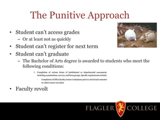 The Punitive Approach
• Student can’t access grades
– Or at least not as quickly
• Student can’t register for next term
• Student can’t graduate
– The Bachelor of Arts degree is awarded to students who meet the
following conditions:
• Faculty revolt
 