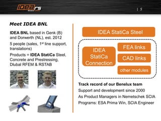 5
Meet IDEA BNL
IDEA BNL based in Genk (B)
and Dorwerth (NL), est. 2012
5 people (sales, 1st line support,
translations)
P...