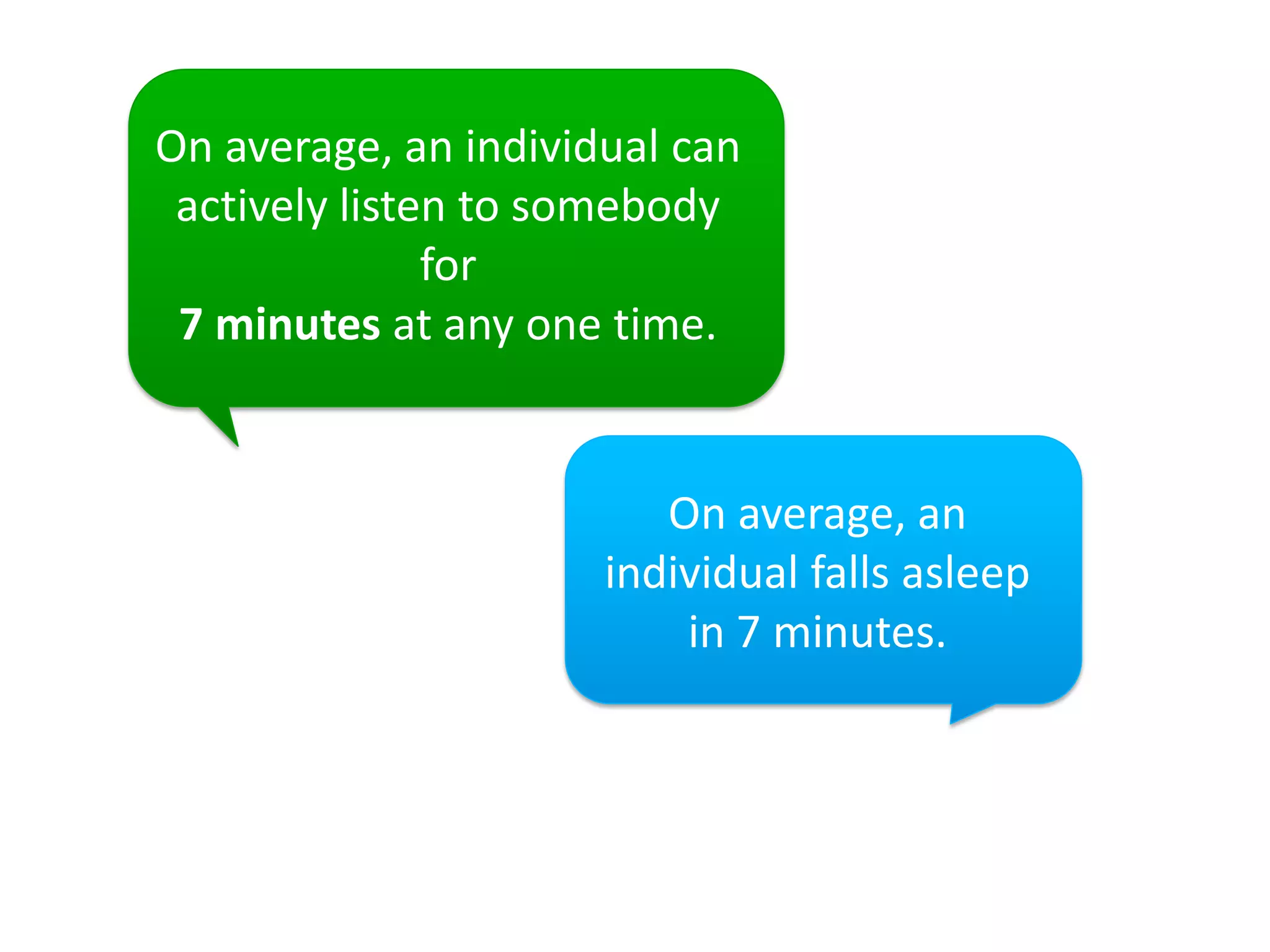 On average, an individual can
 actively listen to somebody
               for
 7 minutes at any one time.


                         On average, an
                      individual falls asleep
                          in 7 minutes.
 