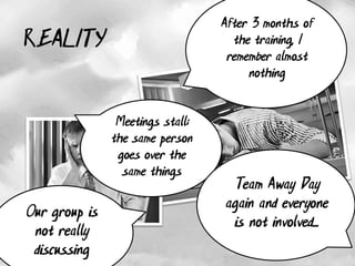 After 3 months of
REALITY                             the training, I
                                   remember almost
                                       nothing


                Meetings stall;
               the same person
                goes over the
                 same things
                                   Team Away Day
                                  again and everyone
Our group is
                                   is not involved...
 not really
 discussing
 