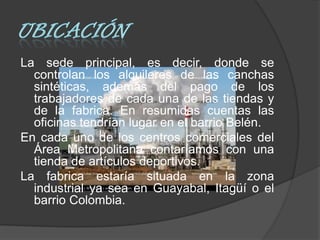 La sede principal, es decir, donde se
  controlan los alquileres de las canchas
  sintéticas, además del pago de los
  trabajadores de cada una de las tiendas y
  de la fabrica. En resumidas cuentas las
  oficinas tendrían lugar en el barrio Belén.
En cada uno de los centros comerciales del
  Área Metropolitana contaríamos con una
  tienda de artículos deportivos.
La fabrica estaría situada en la zona
  industrial ya sea en Guayabal, Itagüí o el
  barrio Colombia.
 