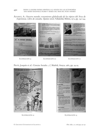 430         DESDE LA MADRE-PATRIA ESPAÑOLA AL ESTADO DE LAS AUTONOMÍAS
            ANA MARÍA BADANELLI RUBIO Y MARÍA DEL MAR DEL POZO ANDRÉS


ÁLVAREZ, A.: Nuestro mundo: tratamiento globalizado de los tópicos del Área de
  Experiencia. Libro de consulta. Quinto nivel, Valladolid, Miñón, 1972, pp. 242-244.




       ILUSTRACIÓN 9                   ILUSTRACIÓN 10             ILUSTRACIÓN 11


PRATS, Joaquín et al.: Ciencias Sociales. 3.º, Madrid, Anaya, 1982, pp. 94-95.




          ILUSTRACIÓN 12                                     ILUSTRACIÓN 13




© EDICIONES UNIVERSIDAD DE SALAMANCA                           Hist. educ., 27, 2008, pp. 397-432
 