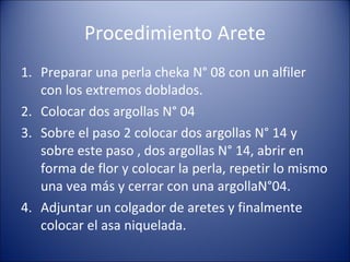 Procedimiento Arete Preparar una perla cheka N° 08 con un alfiler con los extremos doblados. Colocar dos argollas N° 04 Sobre el paso 2 colocar dos argollas N° 14 y sobre este paso , dos argollas N° 14, abrir en forma de flor y colocar la perla, repetir lo mismo una vea más y cerrar con una argollaN°04. Adjuntar un colgador de aretes y finalmente colocar el asa niquelada. 
