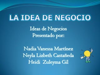 Ideas de Negocios
    Presentado por:

Nadia Vanessa Martínez
Neyla Lizbeth Castañeda
  Heidi Zuleyma Gil
 