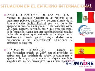  INSTITUTO NACIONAL DE LAS MUJERES –
México; El Instituto Nacional de las Mujeres es un
organismo público, autónomo y descentralizado de la
Administración Pública Federal que tiene como fin
apoyar e informar a las mujeres en distintos temas como
violencia, pobreza, derechos, etc. Y que entre sus temas
de información cuenta con una sección especial para las
dudas de mujeres que, entrando a la etapa de la
adolescencia donde pueden surgir dudas sobre
prevención o más concretamente situaciones de
embarazo adolescente
 FUNDACION REDMADRE - España, es
una Fundación creada en 2007 con el propósito de
activar una Red solidaria de apoyo, asesoramiento y
ayuda a la mujer para superar cualquier conflicto
surgido ante un embarazo imprevisto, en toda España.
 