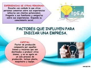EXPERIENCIAS DE OTRAS PERSONAS: 
Escuche con cuidado lo que otras 
personas comentan sobre sus experiencias 
(ellos/as son clientes potenciales). 
Pregunte a sus familiares y amigos/as 
sobre sus experiencias. Expanda su 
conocimiento social. 
FACTORES QUE INFLUYEN PARA 
INICIAR UNA EMPRESA. 
CAPITAL: 
Factor de producción 
compuesta por aquellos 
bienes y recursos que son 
destinados a producir otros 
bienes, y no se agota en 
un solo proceso de 
producción, incluye planta, 
maquinaria y equipo. 
 