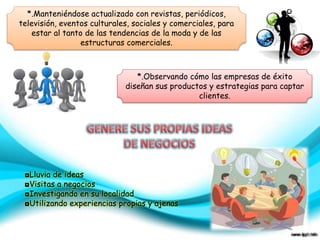 *.Manteniéndose actualizado con revistas, periódicos, 
televisión, eventos culturales, sociales y comerciales, para 
estar al tanto de las tendencias de la moda y de las 
estructuras comerciales. 
*.Observando cómo las empresas de éxito 
diseñan sus productos y estrategias para captar 
clientes. 
◘Lluvia de ideas 
◘Visitas a negocios 
◘Investigando en su localidad 
◘Utilizando experiencias propias y ajenas 
 