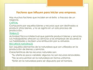 Factores que influyen para iniciar una empresa.
Hay muchos factores que inciden en el éxito o fracaso de un
negocio.
CAPITAL
Compuesta por aquellos bienes y recursos que son destinados a
producir otros bienes, y no se agota en un solo proceso de
producción,
TRABAJO
Actividad física e intelectual que permite producir bienes y servicios.
Los trabajadores ofrecen sus servicios a las empresas de acuerdo a
sus habilidades y reciben una retribución por su esfuerzo.
RECURSOS NATURALES
Son aquellos elementos de la naturaleza que son utilizados en la
producción de bienes y servicios.
Características de los recursos naturales son:
*Su oferta es poco variable; algunos no son recursos renovables.
*No se encuentran en la naturaleza en forma uniforme.
*Están en la naturaleza para ser dispuesto por el hombre.
 