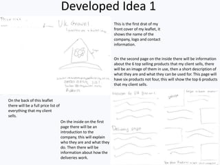 Developed Idea 1
This is the first drat of my
front cover of my leaflet, it
shows the name of the
company, logo and contact
information.
On the back of this leaflet
there will be a full price list of
everything that my client
sells.
On the inside on the first
page there will be an
introduction to the
company, this will explain
who they are and what they
do. Then there will be
information about how the
deliveries work.
On the second page on the inside there will be information
about the 6 top selling products that my client sells, there
will be an image of them in use, then a short description of
what they are and what they can be used for. This page will
have six products not four, this will show the top 6 products
that my client sells.
 