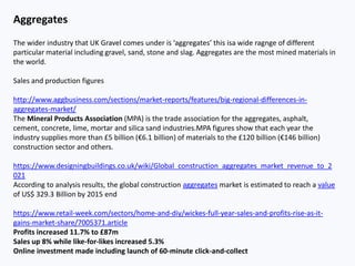 Aggregates
The wider industry that UK Gravel comes under is ‘aggregates’ this isa wide ragnge of different
particular material including gravel, sand, stone and slag. Aggregates are the most mined materials in
the world.
Sales and production figures
http://www.aggbusiness.com/sections/market-reports/features/big-regional-differences-in-
aggregates-market/
The Mineral Products Association (MPA) is the trade association for the aggregates, asphalt,
cement, concrete, lime, mortar and silica sand industries.MPA figures show that each year the
industry supplies more than £5 billion (€6.1 billion) of materials to the £120 billion (€146 billion)
construction sector and others.
https://www.designingbuildings.co.uk/wiki/Global_construction_aggregates_market_revenue_to_2
021
According to analysis results, the global construction aggregates market is estimated to reach a value
of US$ 329.3 Billion by 2015 end
https://www.retail-week.com/sectors/home-and-diy/wickes-full-year-sales-and-profits-rise-as-it-
gains-market-share/7005371.article
Profits increased 11.7% to £87m
Sales up 8% while like-for-likes increased 5.3%
Online investment made including launch of 60-minute click-and-collect
 