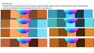 Mood Boards:
A range of ideas to take forward in to production. Should include images, colour schemes and font choices. Could include
mock ups and evidence of existing design work which is inspiring you.
 