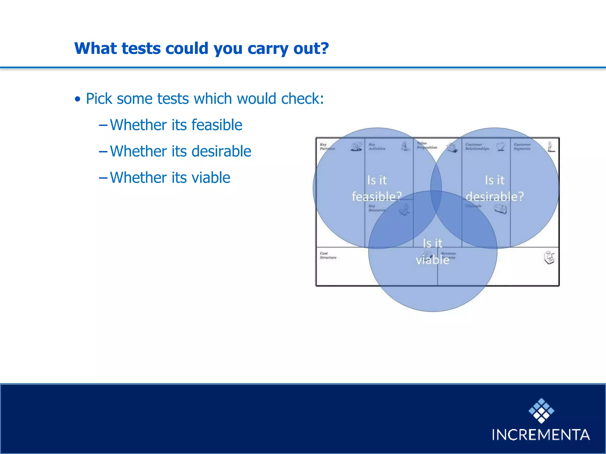 What tests could you carry out?
• Pick some tests which would check:
−Whether its feasible
−Whether its desirable
−Whether its viable
 