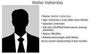 Walter Hattersley
• Name: Walter Hattersley
• Age: Unknown ( A lot older than Molly)
• Spouses: Unknown
• Job role: Sheffield hotel owner, boxing
promoter
• Status: Wealthy
• Relationship length with Molly:
(most recent relationship) A few months
 
