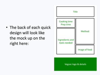 • The back of each quick
design will look like
the mock up on the
right here:
Title
Cooking time
Prep time
Method
Ingredients and
tools needed
Vegsoc logo & details
Image of food
 