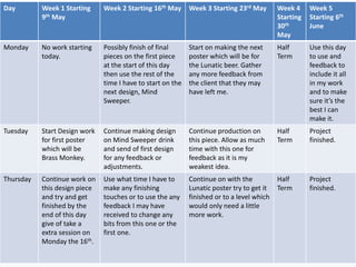 Day Week 1 Starting
9th May
Week 2 Starting 16th May Week 3 Starting 23rd May Week 4
Starting
30th
May
Week 5
Starting 6th
June
Monday No work starting
today.
Possibly finish of final
pieces on the first piece
at the start of this day
then use the rest of the
time I have to start on the
next design, Mind
Sweeper.
Start on making the next
poster which will be for
the Lunatic beer. Gather
any more feedback from
the client that they may
have left me.
Half
Term
Use this day
to use and
feedback to
include it all
in my work
and to make
sure it’s the
best I can
make it.
Tuesday Start Design work
for first poster
which will be
Brass Monkey.
Continue making design
on Mind Sweeper drink
and send of first design
for any feedback or
adjustments.
Continue production on
this piece. Allow as much
time with this one for
feedback as it is my
weakest idea.
Half
Term
Project
finished.
Thursday Continue work on
this design piece
and try and get
finished by the
end of this day
give of take a
extra session on
Monday the 16th.
Use what time I have to
make any finishing
touches or to use the any
feedback I may have
received to change any
bits from this one or the
first one.
Continue on with the
Lunatic poster try to get it
finished or to a level which
would only need a little
more work.
Half
Term
Project
finished.
 