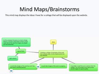 Mind Maps/Brainstorms
This mind map displays the ideas I have for a collage that will be displayed upon the website.
 