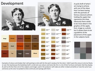 Development A quick draft of what I
am trying to achieve
with one of the ideas
that I’ve been having
with the portraits of
famous classical authors
holding the apple that
represents the shop.
Obviously there needs
to be more detail in the
graphics of the apple,
font, image as a whole
but it allows there to be
a guideline of the
placement of the apple
in the subjects hand.
Examples of colours and shades that I will wanting to stick with for the work I produce for the client. I didn't want the colours to be too flashy
or over-the-top because the bookshop itself is small and uses colours and tones like this in a lot of their furniture and books that they display.
As well as the fact that a lot of the subjects and images used in the products I will make are either in black and white or have the same hues
and tones as the ones I’ve picked to show continuity and synergy with them.
 