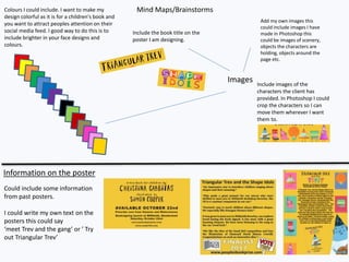 Mind Maps/BrainstormsColours I could include. I want to make my
design colorful as it is for a children's book and
you want to attract peoples attention on their
social media feed. I good way to do this is to
include brighter in your face designs and
colours.
Images Include images of the
characters the client has
provided. In Photoshop I could
crop the characters so I can
move them wherever I want
them to.
Include the book title on the
poster I am designing.
Add my own images this
could include images I have
made in Photoshop this
could be images of scenery,
objects the characters are
holding, objects around the
page etc.
Information on the poster
Could include some information
from past posters.
I could write my own text on the
posters this could say
‘meet Trev and the gang’ or ’ Try
out Triangular Trev’
 