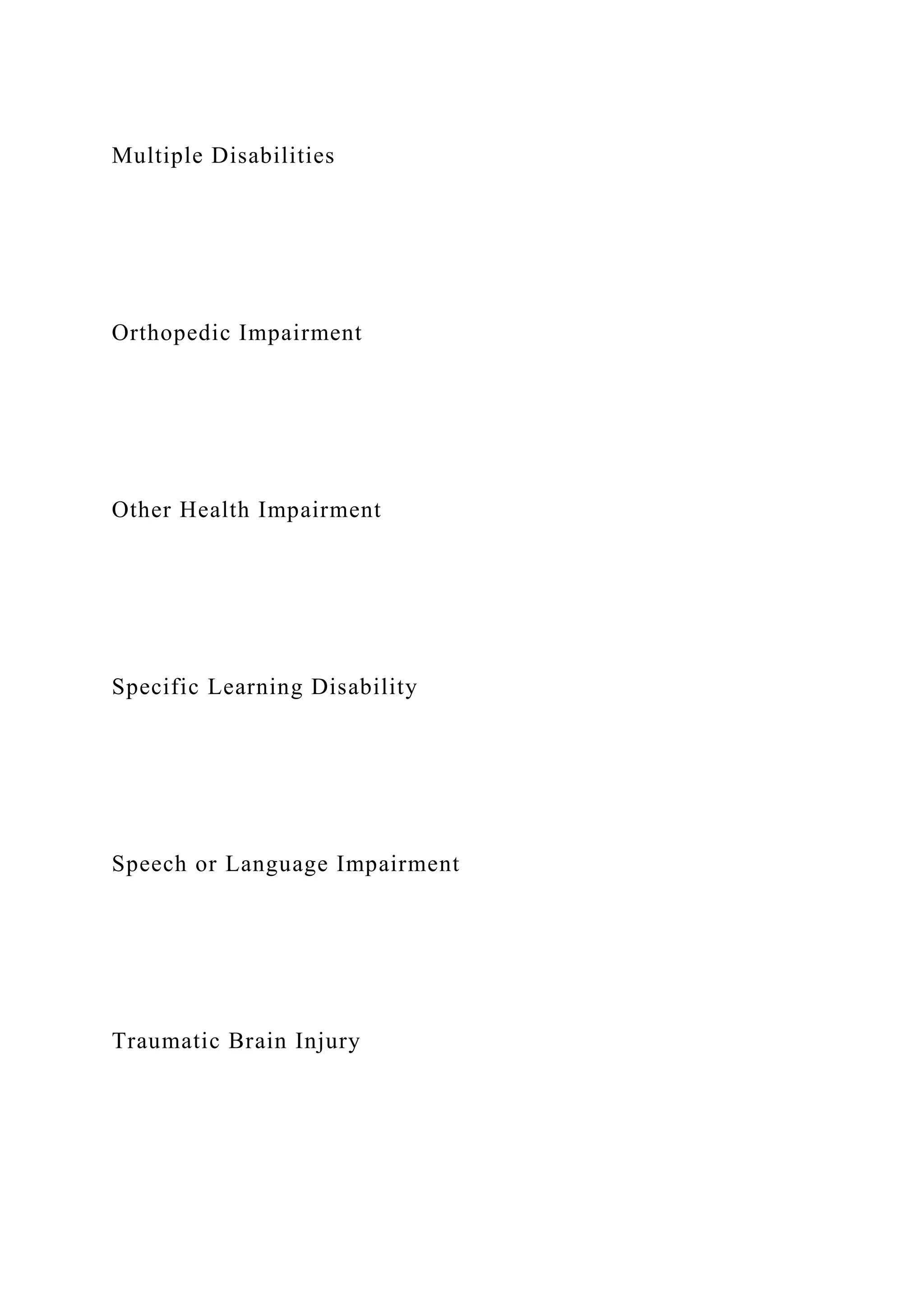 Multiple Disabilities
Orthopedic Impairment
Other Health Impairment
Specific Learning Disability
Speech or Language Impairment
Traumatic Brain Injury