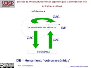 Servicios de infraestructuras de datos espaciales para la administración local

                               CUENCA ​- Abril 2009

                      e-Gobernanza:

                                         G2G


                 ADMINISTRACIÓN PÚBLICA           IDE


              G2C
                                         C2G


                           CIUDADANÍA



IDE = Herramienta “gobierno-céntrica”
 Pedro A. González Pérez                                   pedro.gonzalez@dicoruna.es
 