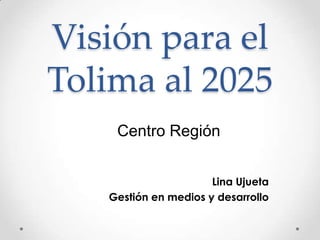 Visión para el
Tolima al 2025
    Centro Región


                      Lina Ujueta
   Gestión en medios y desarrollo
 