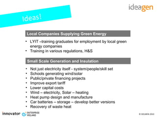 Ideas! LYIT –training graduates for employment by local green energy companies Training in various regulations, H&S Local Companies Supplying Green Energy Not just electricity itself - system/people/skill set Schools generating wind/solar Public/private financing projects Improve export tariff Lower capital costs Wind – electricity, Solar – heating Heat pump design and manufacture Car batteries – storage – develop better versions Recovery of waste heat Small Scale Generation and Insulation 