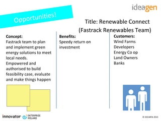 Title: Renewable Connect  (Fastrack Renewables Team) Concept: Fastrack team to plan and implement green energy solutions to meet local needs. Empowered and authorised to build feasibility case, evaluate and make things happen Benefits: Speedy return on investment Customers: Wind Farms Developers Energy Co op Land Owners Banks Opportunities! 