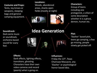 Idea Generation Plot:
‘Slasher’ based plot,
teens go camping, a few
go missing, people
slowly get picked off.
Characters:
Group of teens
including one
protagonist, a villain of
some description
whether it is a ghost,
demon, human etc.
Locations:
Woods, abandoned
areas, shacks open
fields (mostly at night)
Costume and Props:
Tents, toy knives or
weapons, sleeping
bags and general
camping equipment.
Soundtrack:
Dark eerie music
or soundtrack,
orchestra based
sound for scary
feel.
Effects:
Dark effects, lighting effects,
transitions, ghosting.
Characters have their own
video cameras and record
(poorly) what is going on.
Influences:
Friday the 13th, Texas
Chainsaw Massacre, any
‘Slasher’ or psychological
horror based idea.
 