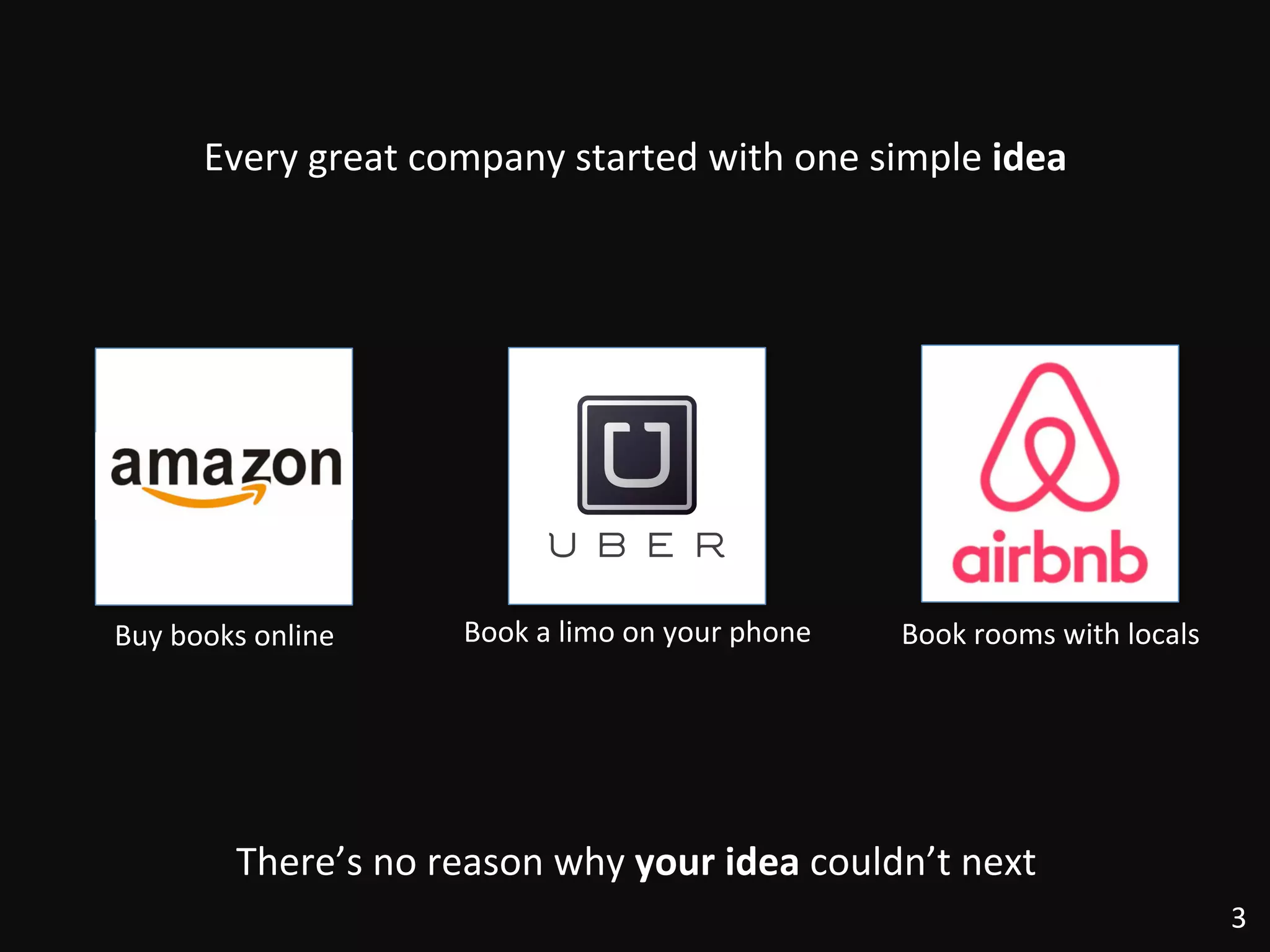 Every	
  great	
  company	
  started	
  with	
  one	
  simple	
  idea	
  
3	
  
Buy	
  books	
  online	
   Book	
  a	
  limo	
  on	
  your	
  phone	
   Book	
  rooms	
  with	
  locals	
  
There’s	
  no	
  reason	
  why	
  your	
  idea	
  couldn’t	
  next	
  
 