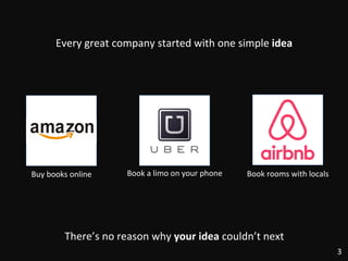 Every	
  great	
  company	
  started	
  with	
  one	
  simple	
  idea	
  
3	
  
Buy	
  books	
  online	
   Book	
  a	
  limo	
  on	
  your	
  phone	
   Book	
  rooms	
  with	
  locals	
  
There’s	
  no	
  reason	
  why	
  your	
  idea	
  couldn’t	
  next	
  
 
