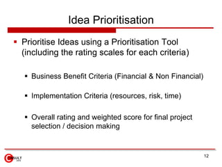 Idea Prioritisation
 Prioritise Ideas using a Prioritisation Tool
  (including the rating scales for each criteria)

   ...
