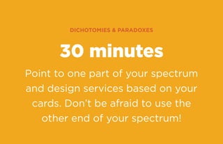 dichotomies  paradoxes

30 minutes
Point to one part of your spectrum
and design services based on your
cards. Don’t be af...