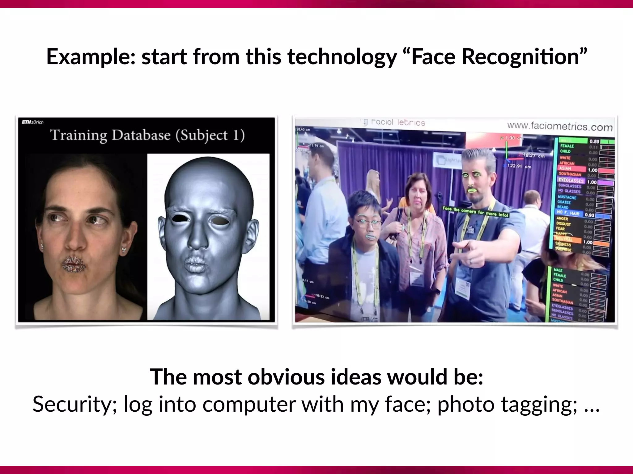 Example: start from this technology “Face Recogni;on”
The most obvious ideas would be:  
Security; log into computer with my face; photo tagging; …
 