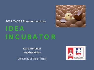 2018 TxGAP Summer Institute
IDEA
IN C UB A T O R
DanaMordecai
HeatherMiller
University of North Texas
 