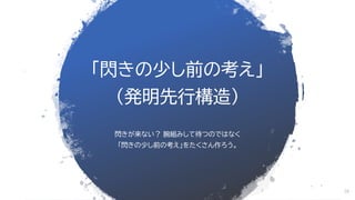 「閃きの少し前の考え」
（発明先行構造）
閃きが来ない？ 腕組みして待つのではなく
「閃きの少し前の考え」をたくさん作ろう。
28
 