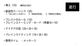 進行
• 導入（10） 講師自己紹介
• 創造性ベーシック（30）
１「出し尽くしの先へ」 ２「創造的回遊」 ３「発明先行構造」
• ブレストのルール（10）
• ブレインストーミング・カード（準備10＋10）
• アイデアの型（20＋20＋10）
• ブレインライティング（10＋30＋30）
• 質問タイム ・メッセージ
3
 