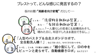 あ、それって、「一人暮らしの若者にも結構売れそう。
晴れた日に、布団干したまま遠出できるし。」
仮のお題：“高齢者向け家電” だとして・・・
ブレストって、どんな感じに発言するの？
45
 