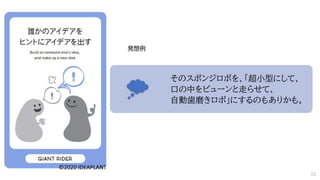 そのスポンジロボを、「超小型にして、
口の中をビューンと走らせて、
自動歯磨きロボ」にするのもありかも。
発想例
52
 