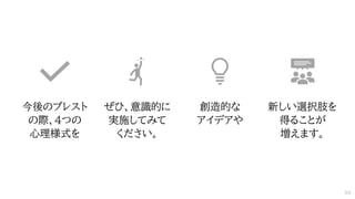 今後のブレスト
の際、4つの
心理様式を
ぜひ、意識的に
実施してみて
ください。
創造的な
アイデアや
新しい選択肢を
得ることが
増えます。
54
 