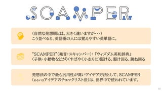 （自然な発想順とは、大きく違いますが・・・）
こう並べると、英語圏の人には覚えやすい英単語に。
“SCAMPER”（発音：スキャンパー）： 『ウィズダム英和辞典』
〈子供・小動物などが〉（すばやく小走りに）駆ける、駆け回る、跳ね回る
発想法の中で最も汎用性が高いアイデア方法として、SCAMPER
(あるいはアイデアのチェックリスト法）は、世界中で使われています。
85
 
